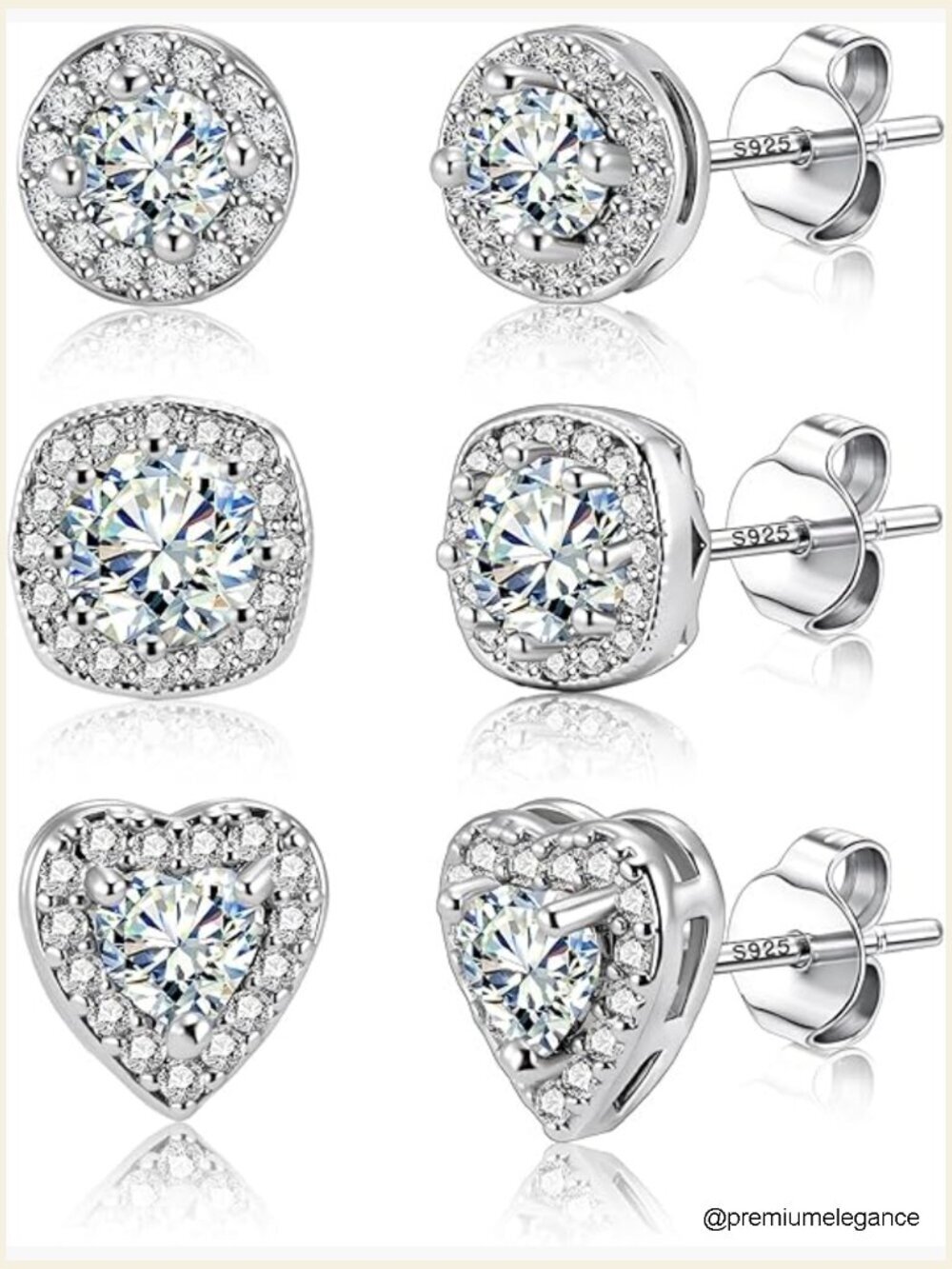 Sterling Silver Stud Earrings Set - Round Heart Square CZ Halo Earrings for